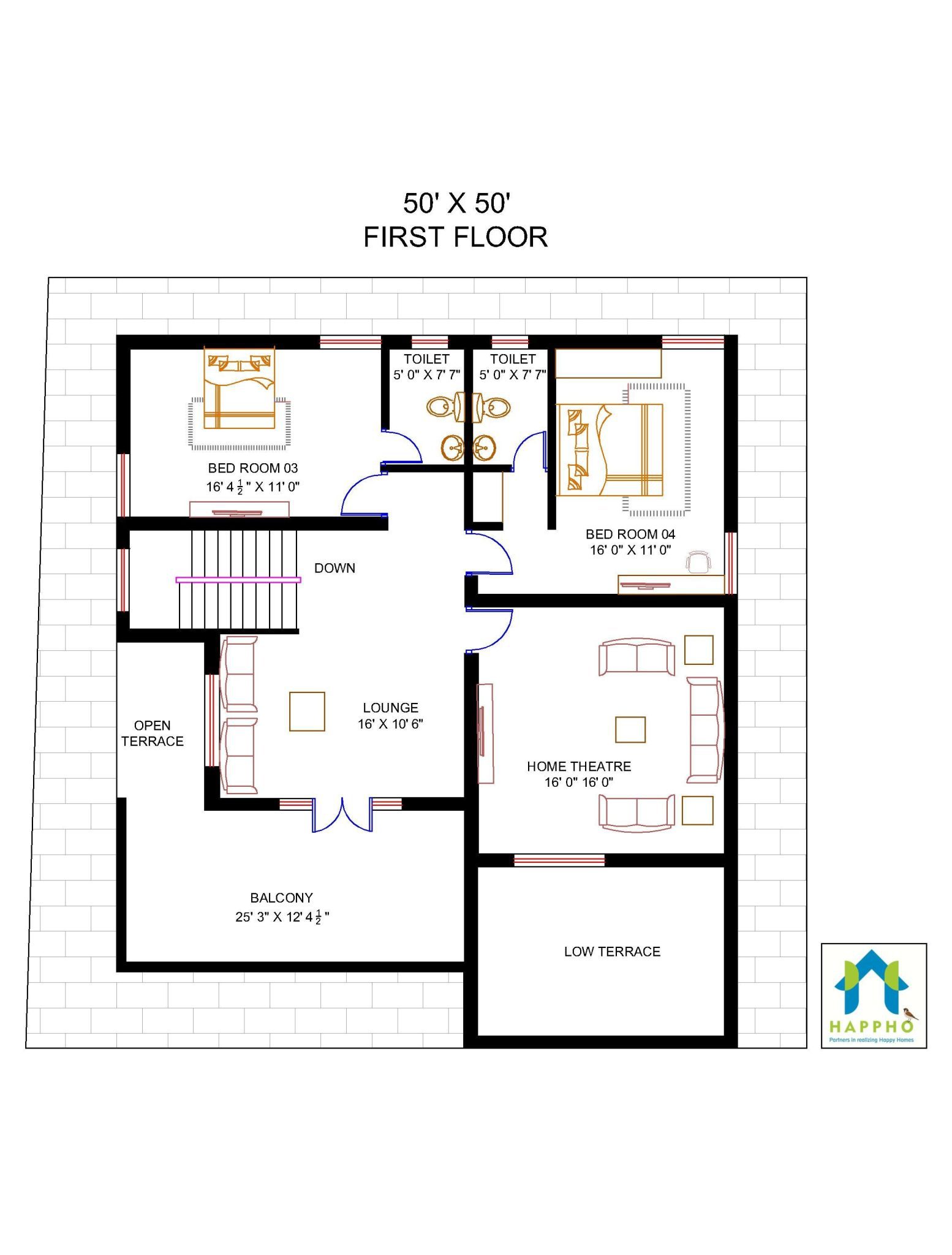 Floor Plan for 50 X 50 Plot 5BHK (2500 Square Feet/278