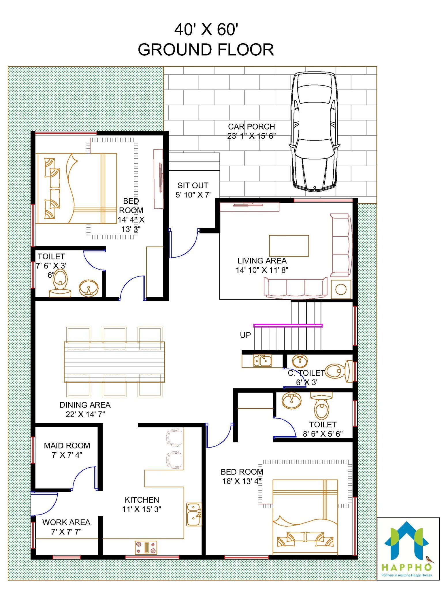 Floor Plan For 40 X 60 Feet Plot 4 Bhk 2400 Square Feet 267 Sq