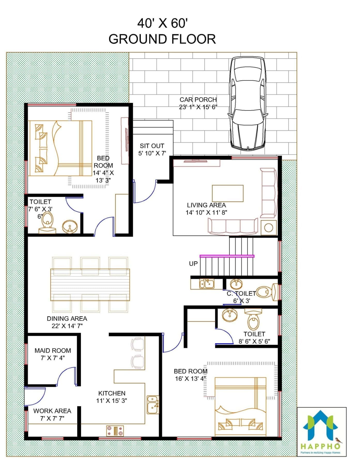 Floor Plan For 40 X 60 Feet Plot 4 BHK 2400 Square Feet 267 Sq Yards 