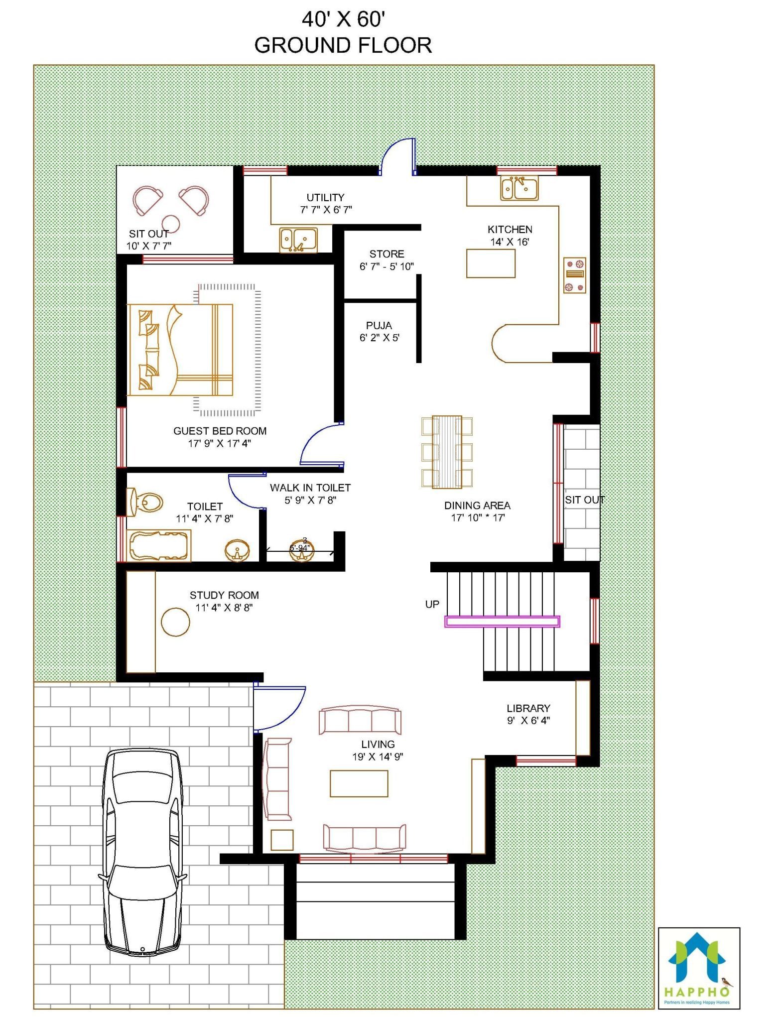 Floor Plan for 40 X 60 Feet Plot | 3-BHK (2400 Square Feet/266 Sq Yards) Gh...