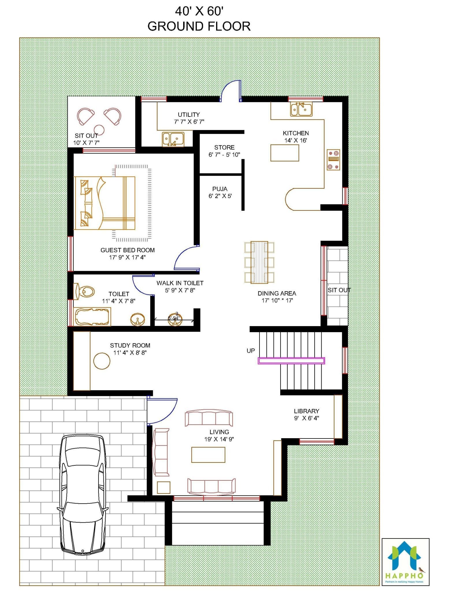 Floor Plan For 40 X 60 Feet Plot 3 Bhk 2400 Square Feet 266 Sq Yards Ghar 057 Happho