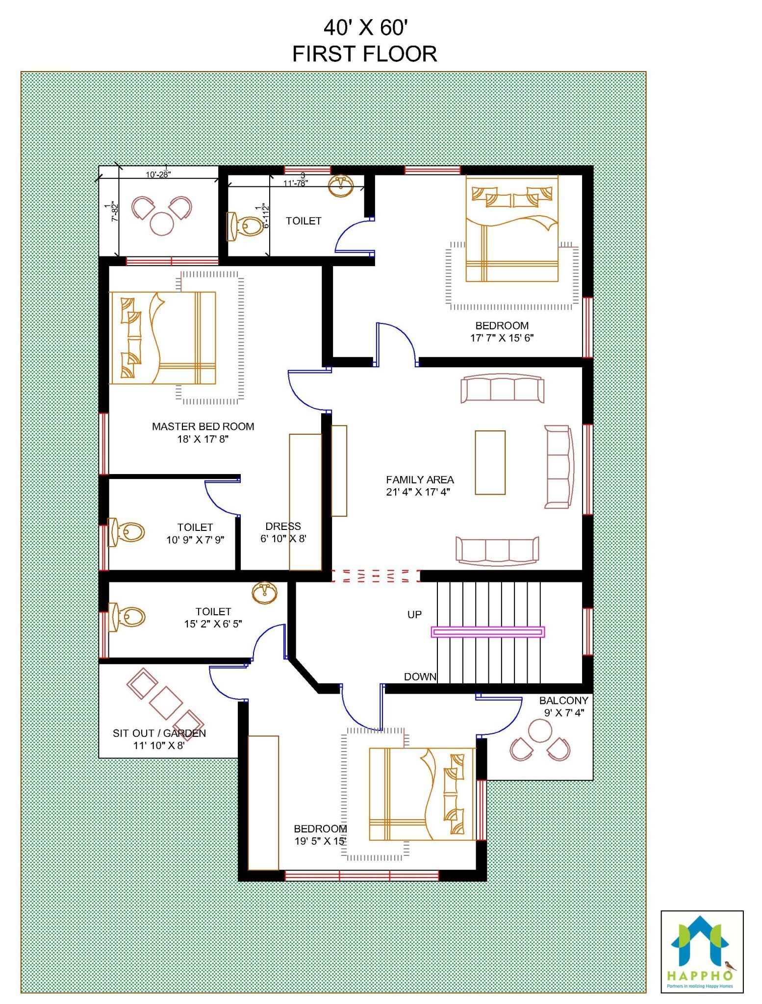 Floor Plan For 40 X 60 Feet Plot 3 Bhk 2400 Square Feet 266 Sq Yards Ghar 057 Happho