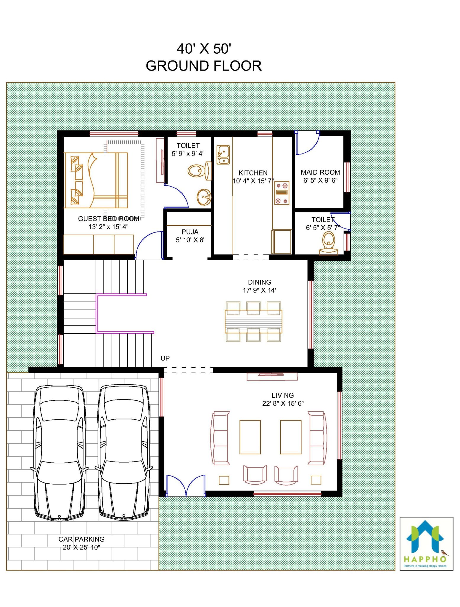 2000 Square Feet, 40 feet x 50 feet, 222 square yards, 1Bhk floor plan, ground floor plan