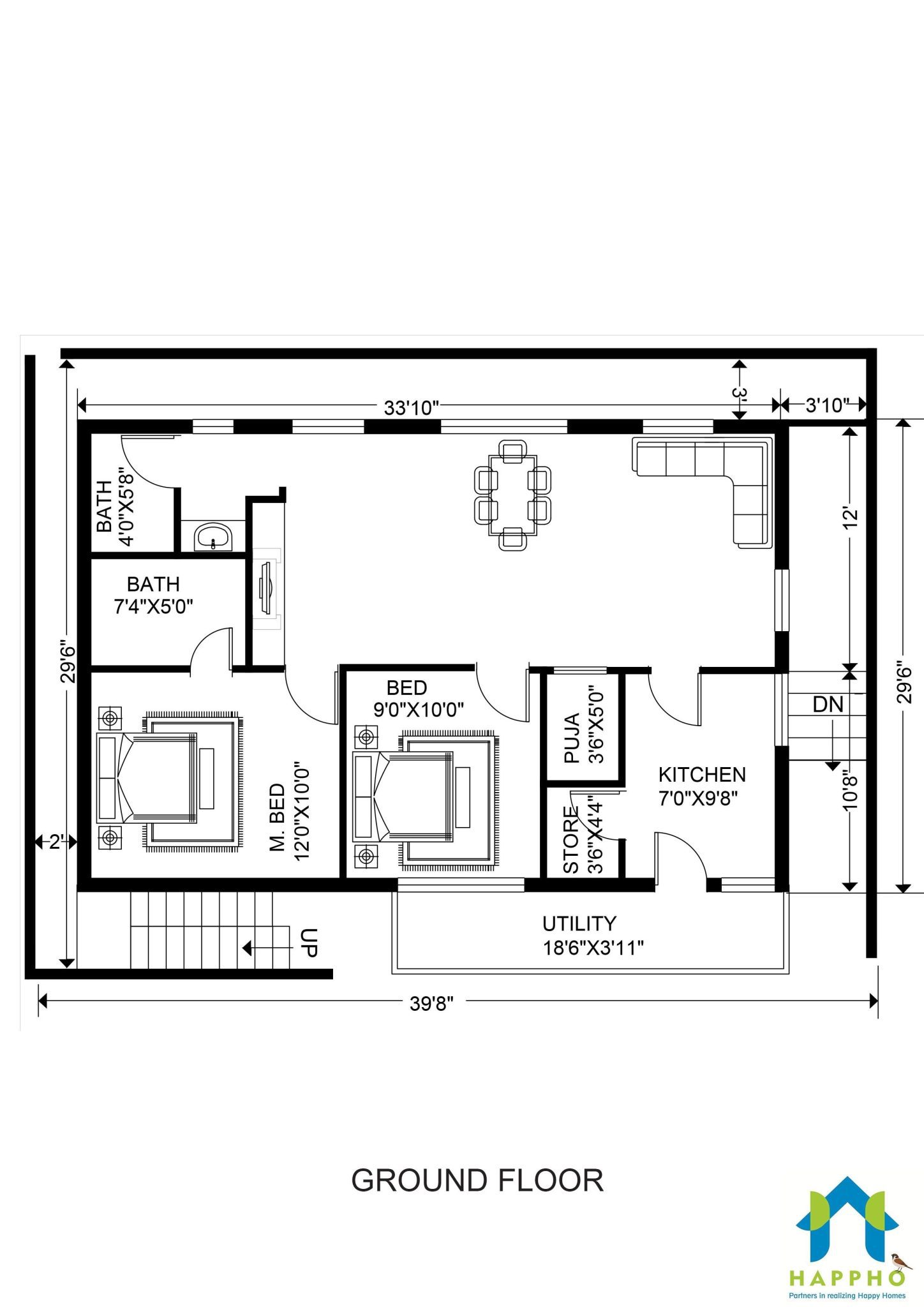 2Bhk floor plan 30 X 40 Plot area (1200 square feet)