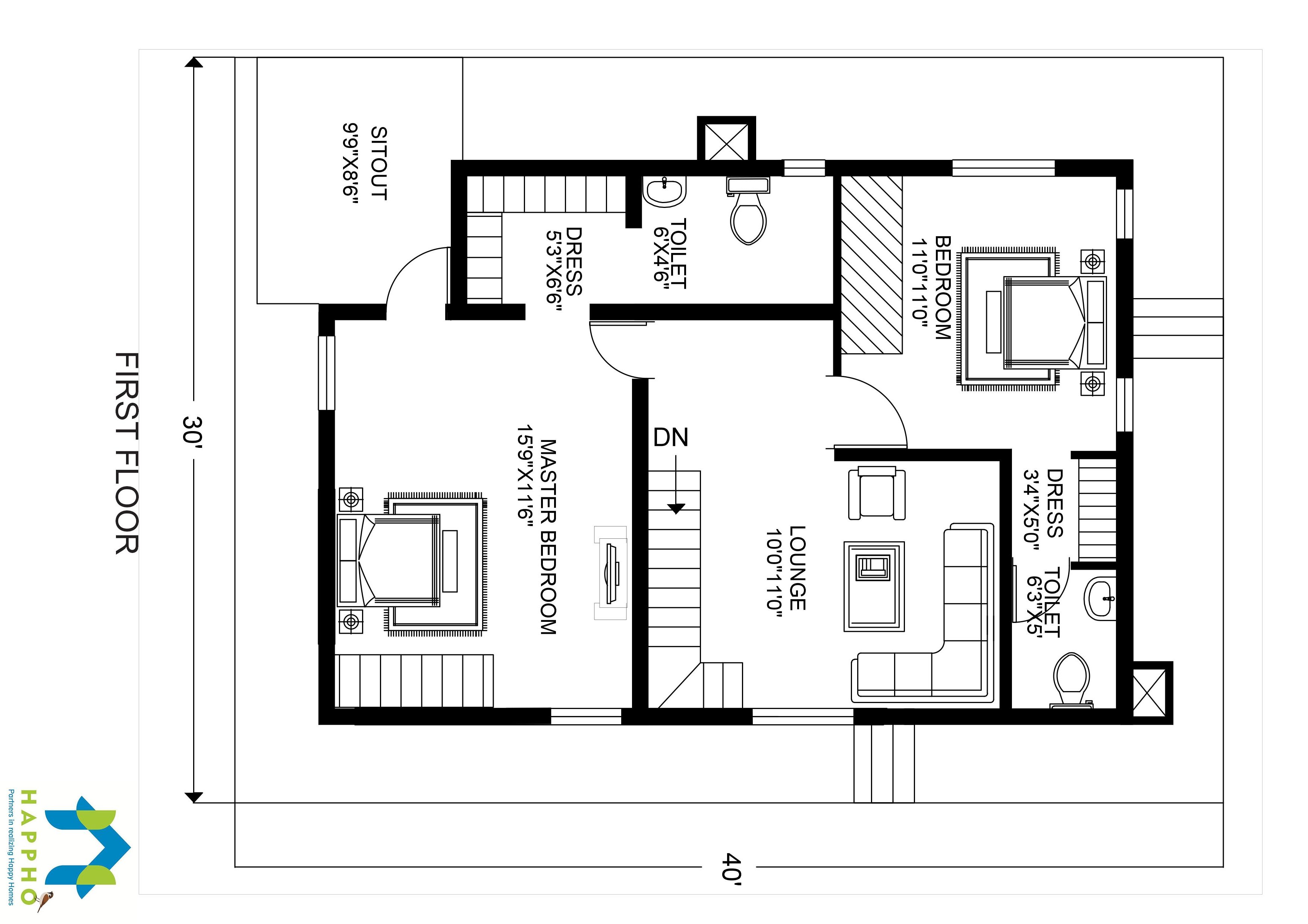 3-BHK Floor Plan for 30 X 40 Plot (1200 Square Feet/134 SquareYards ...