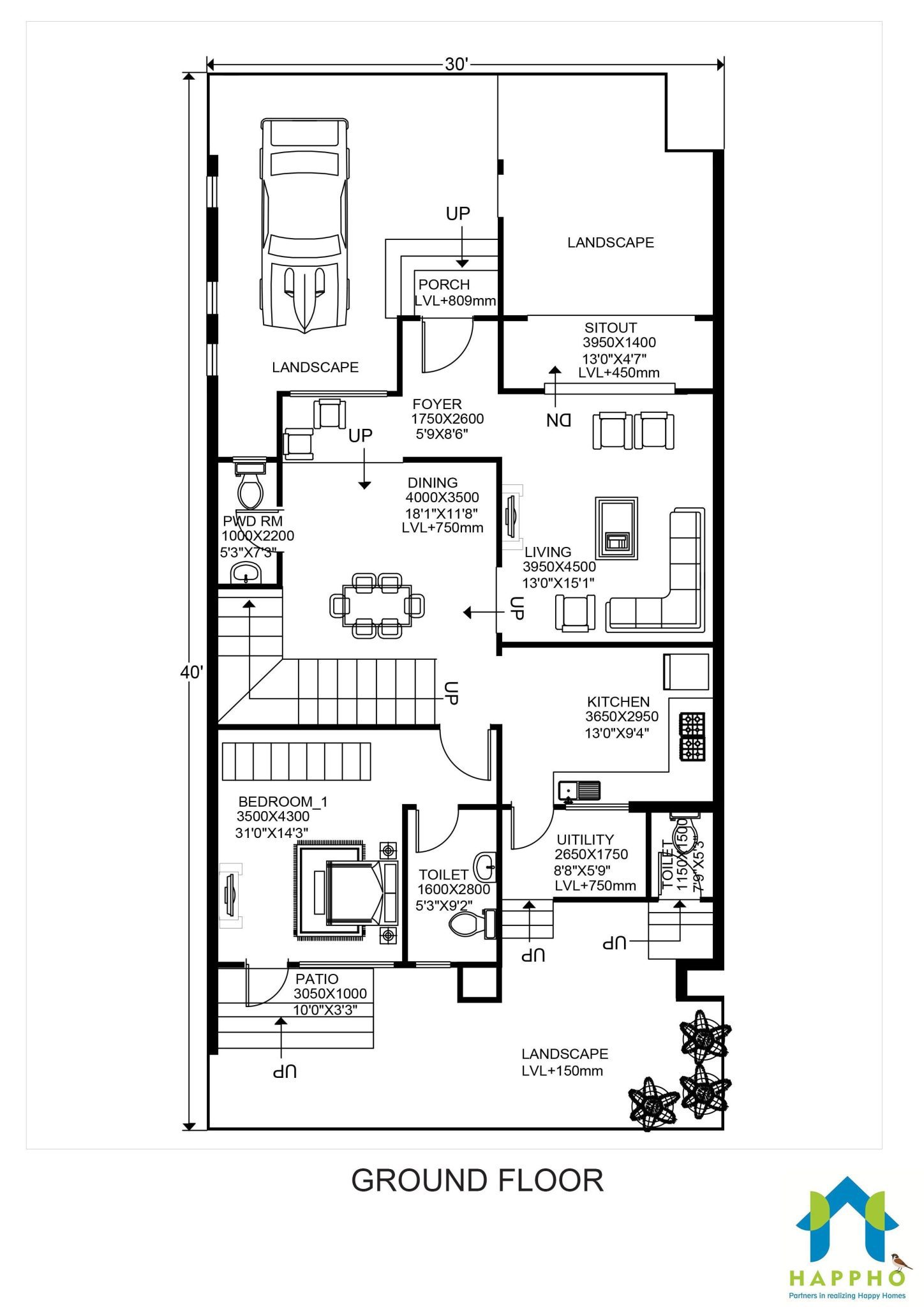 Floor Plan for 30 X 40 Feet Plot 3BHK (1200 Square Feet
