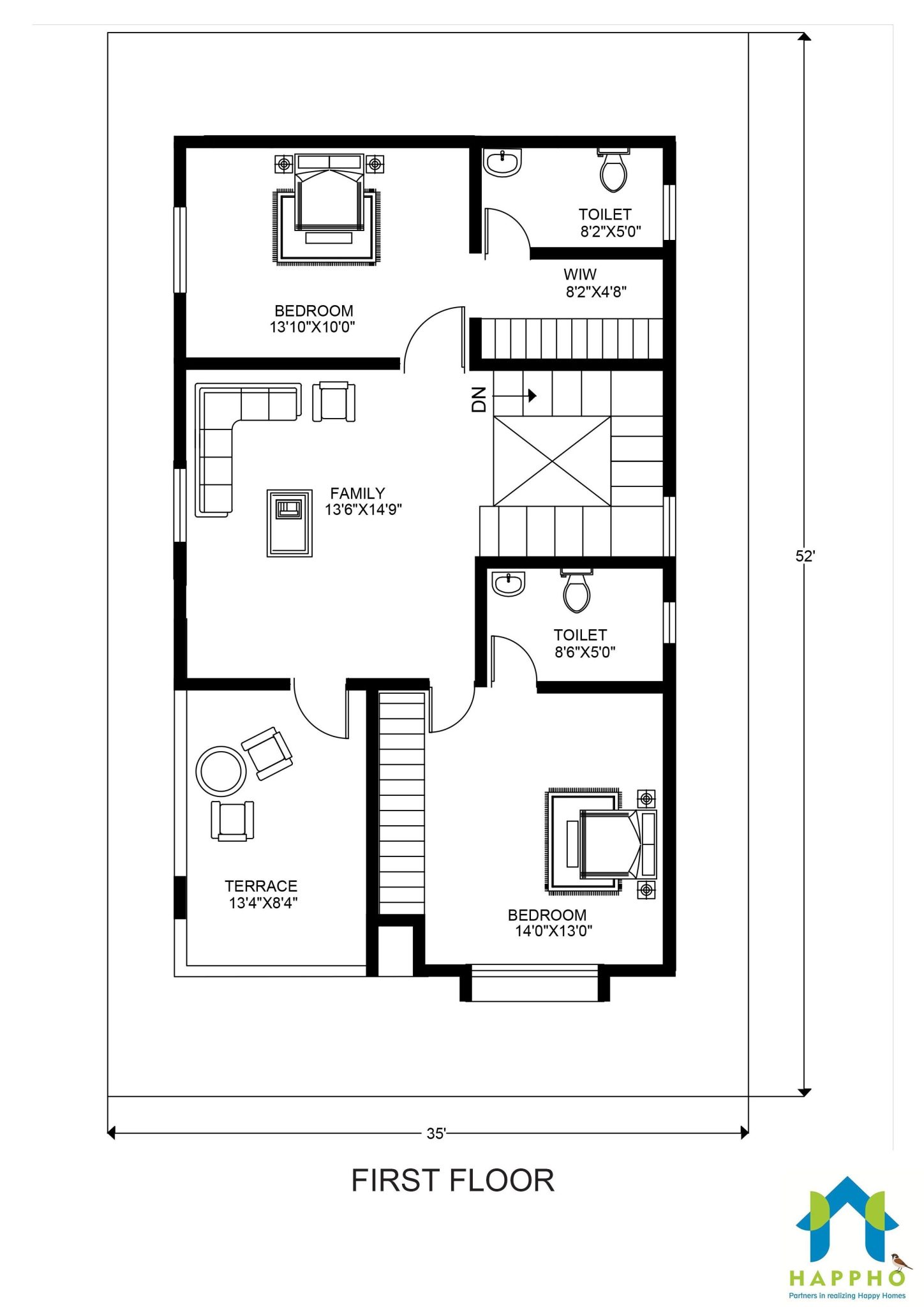 Floor Plan For 30 X 50 Feet Plot 3 Bhk 1500 Square Feet 167 Sq Yards Ghar 036 Happho