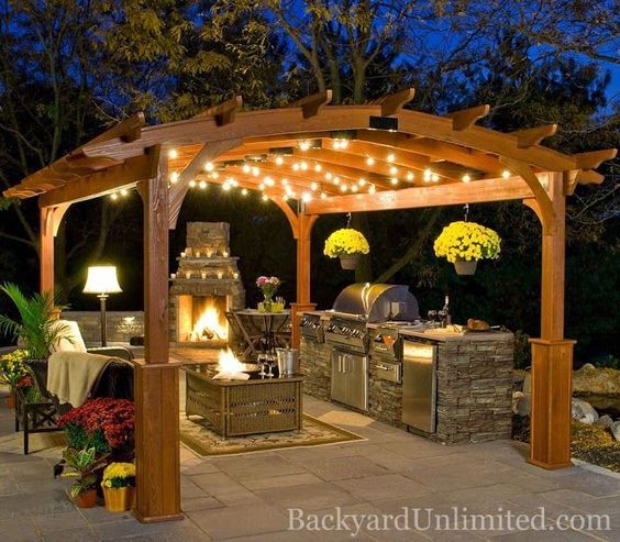 Arched Pergola with Lighting and Fireplace