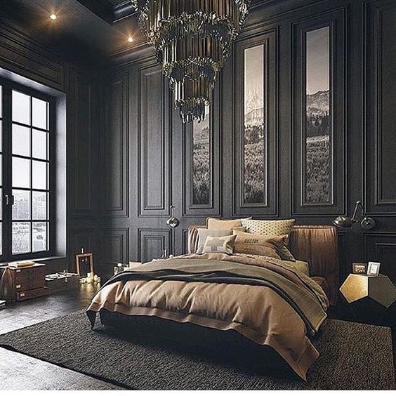 Bedroom with Dark coloured interiors