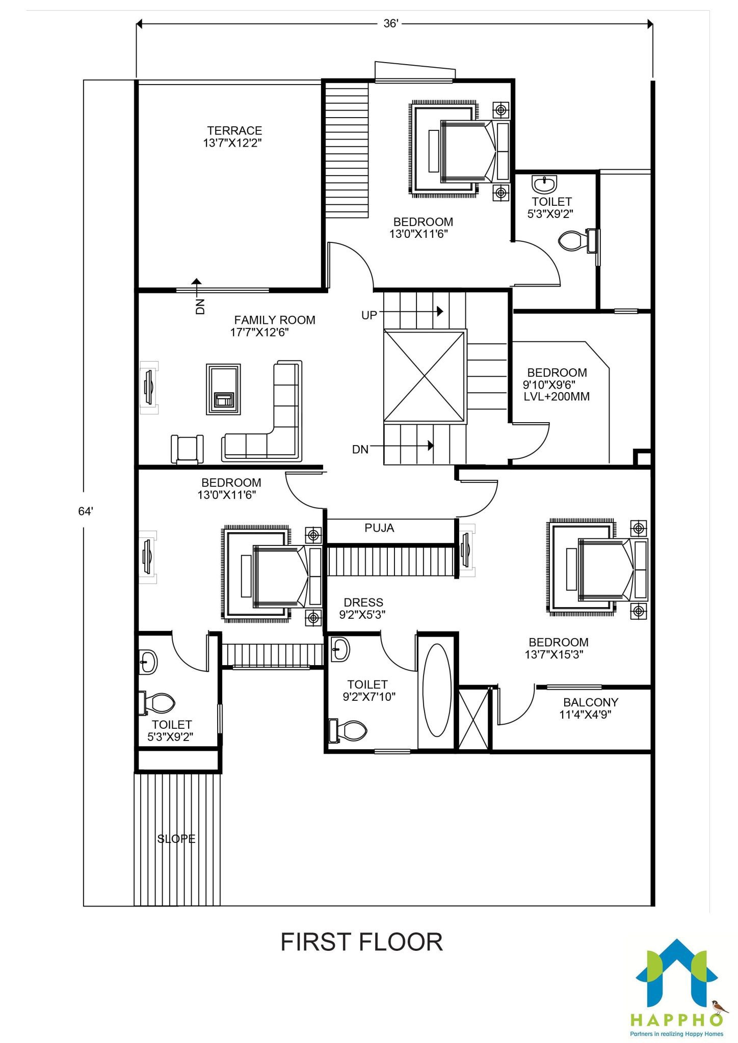 Floor Plan for 36 X 64 Feet Plot 4BHK (2304 Square Feet/256 Sq Yards