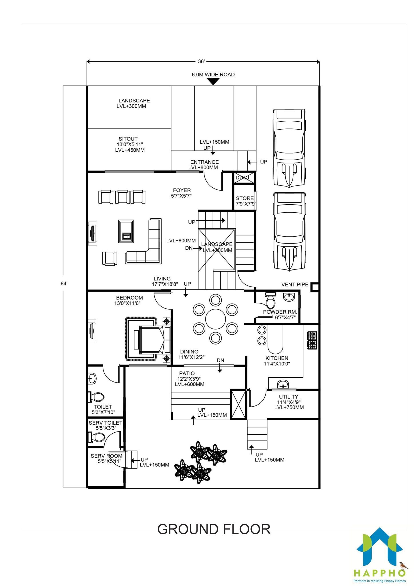 65 x 40 feet, 2600 square feet, floor plan, Duplex floor plan
