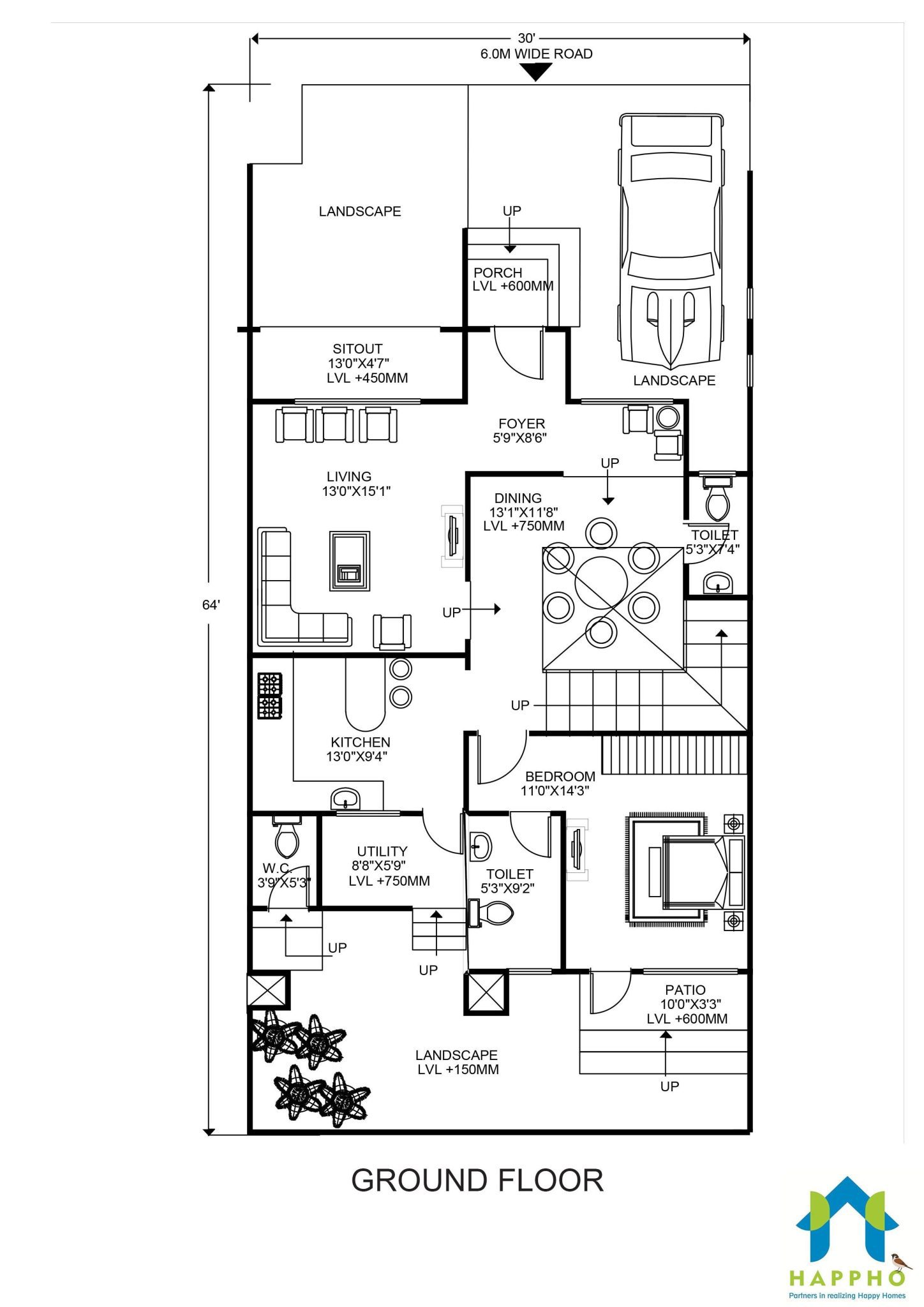 30x64 House Plan Design 3 Bhk Plan 044 Happho