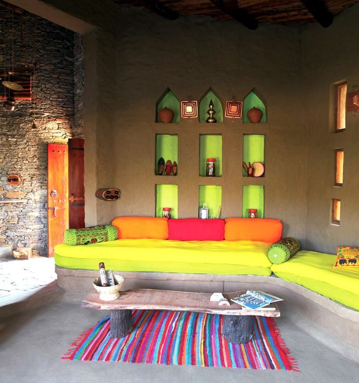 colourful sheets used in sofas and coushions in Rajasthan styled homes