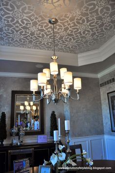 Tray Ceiling with flower painting and Chandelier