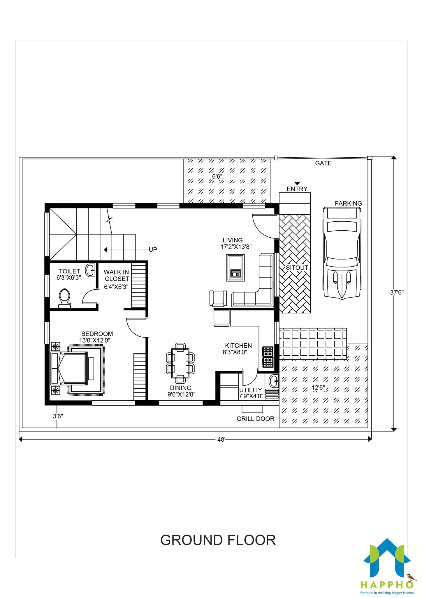1910 square feet 38 X 48 Ground Floor Plan