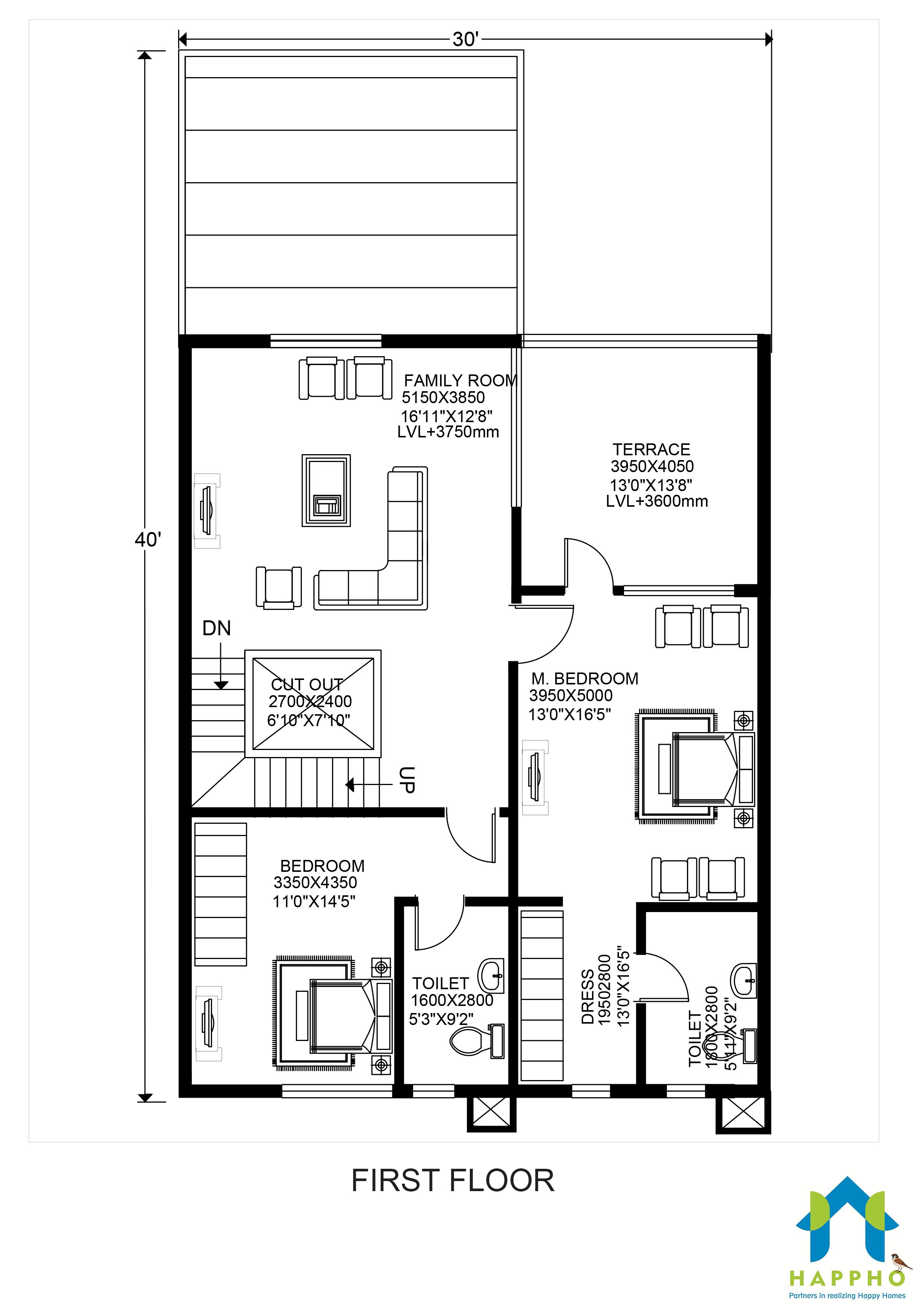 Floor Plan  for 30 X 40  Feet Plot 3 BHK 1200 Square Feet 