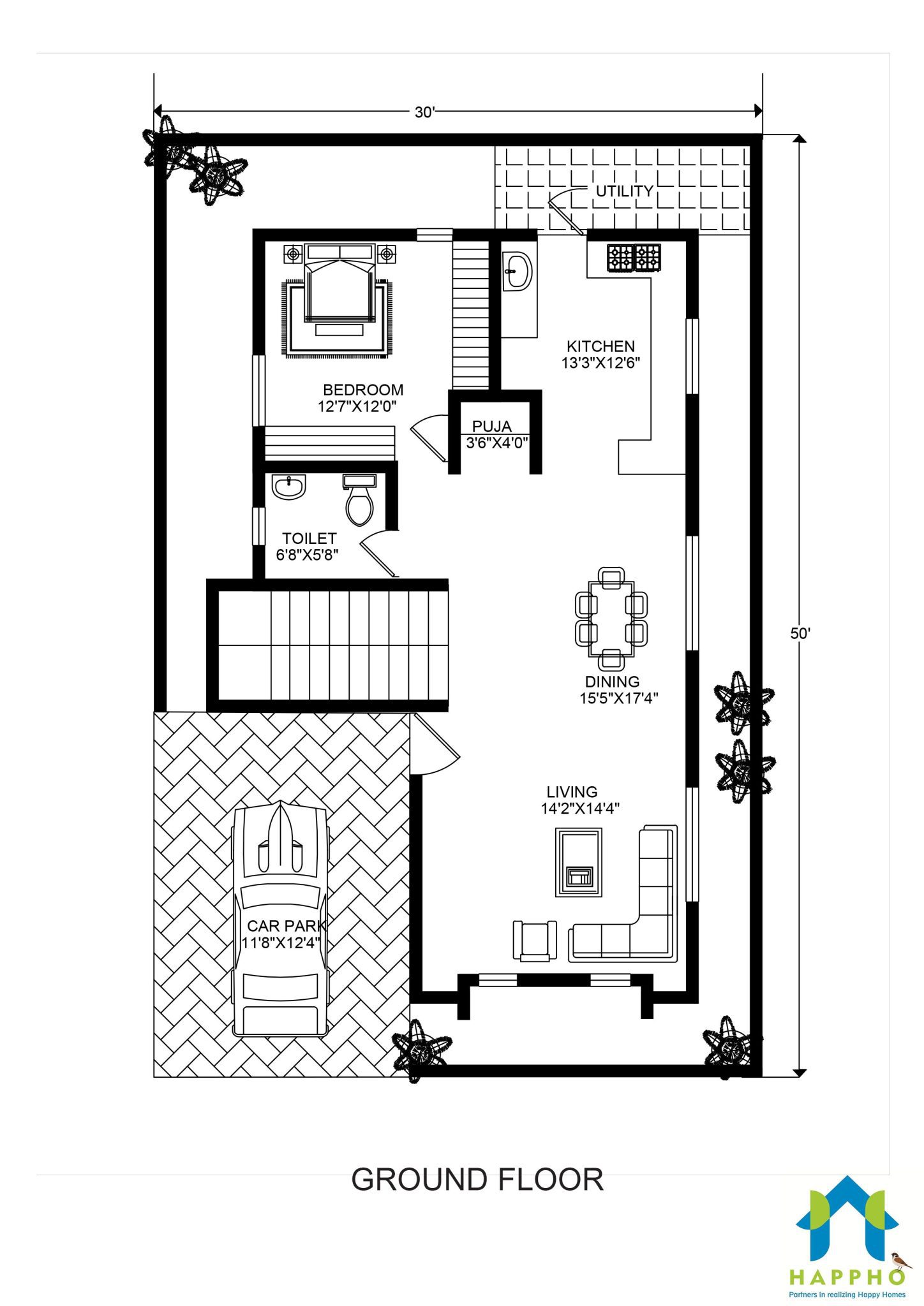 Floor Plan For 30 X 50 Feet Plot 3 Bhk 1500 Square Feet 167 Sq Yards Ghar 038 Happho