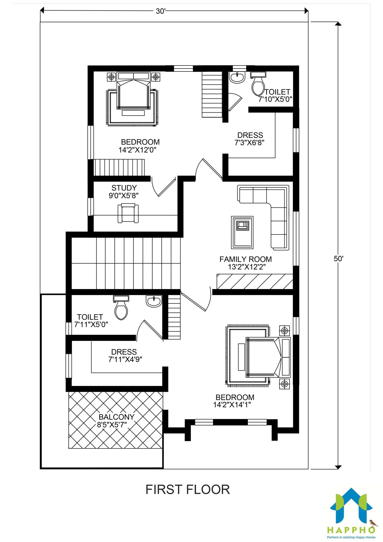 Floor Plan  for 30 X 50 Feet  Plot 3 BHK 1500  Square  Feet  