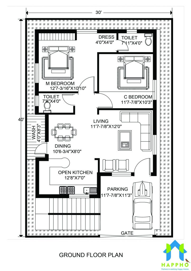 Floor Plan For 30 X 40 Feet Plot 2, 1200 Square Feet House Plans North Facing