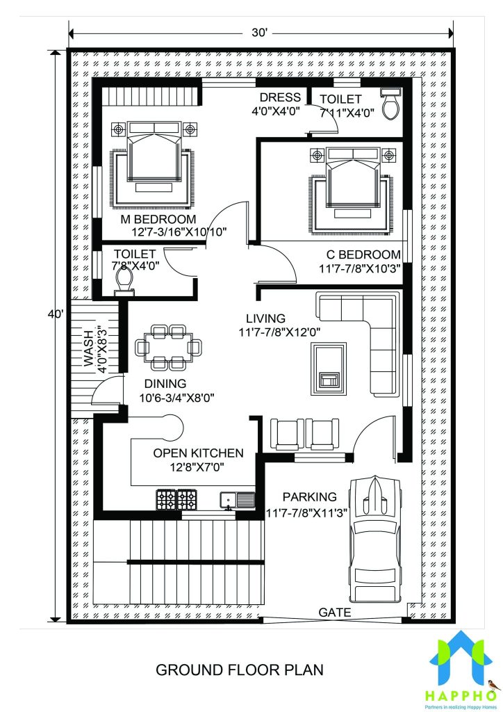 Floor Plan For 30 X 40 Feet Plot 2 Bhk 1200 Square Feet