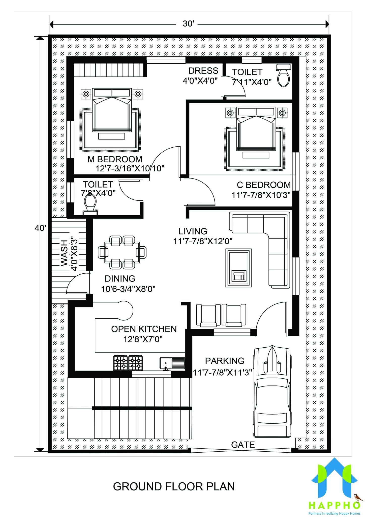 30x45 House Plan Design 2 Bhk