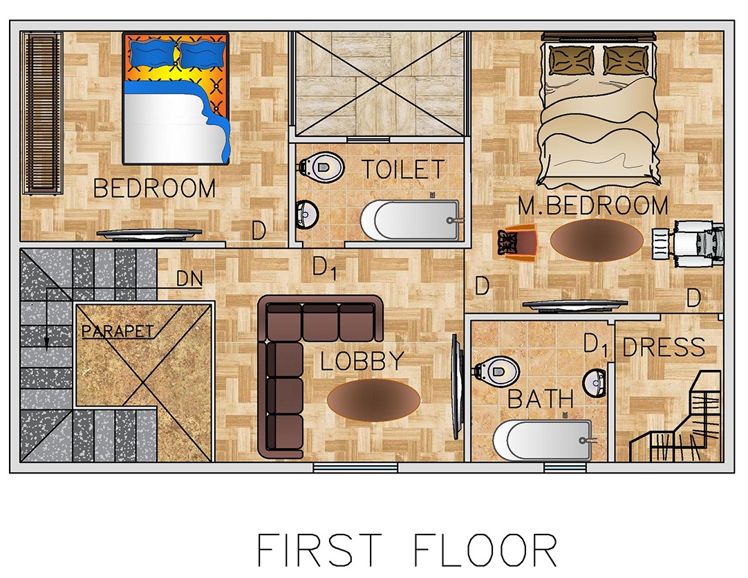 Floor Plan for 22 x 35 Feet Plot 3BHK (770 Square Feet