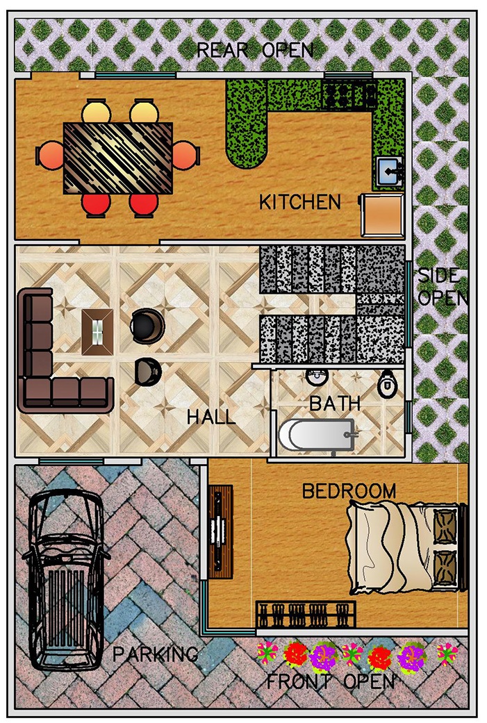 30 X 45 Duplex House Plan 3 Bhk