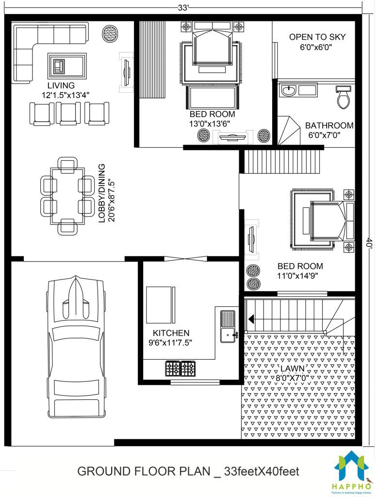 Ground Floor Plan for 33 X 40 feet