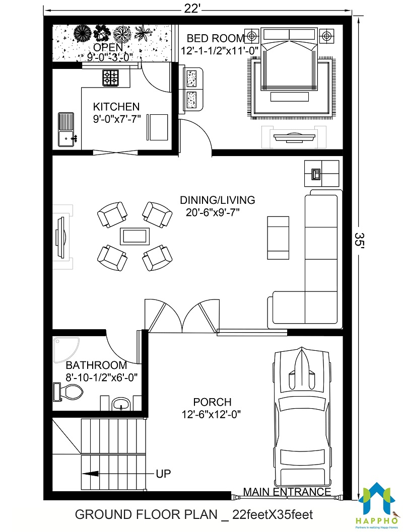 Floor Plan for 22 X 35 Feet Plot 2BHK (770 Square Feet