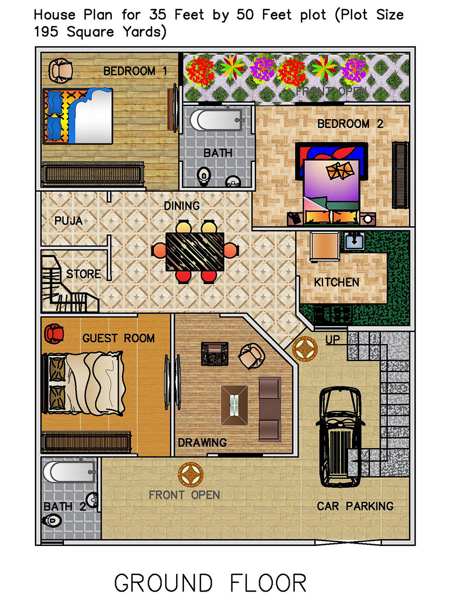 3-BHK Floor Plan for 35 x 50 Feet plot (1750 Square Feet)