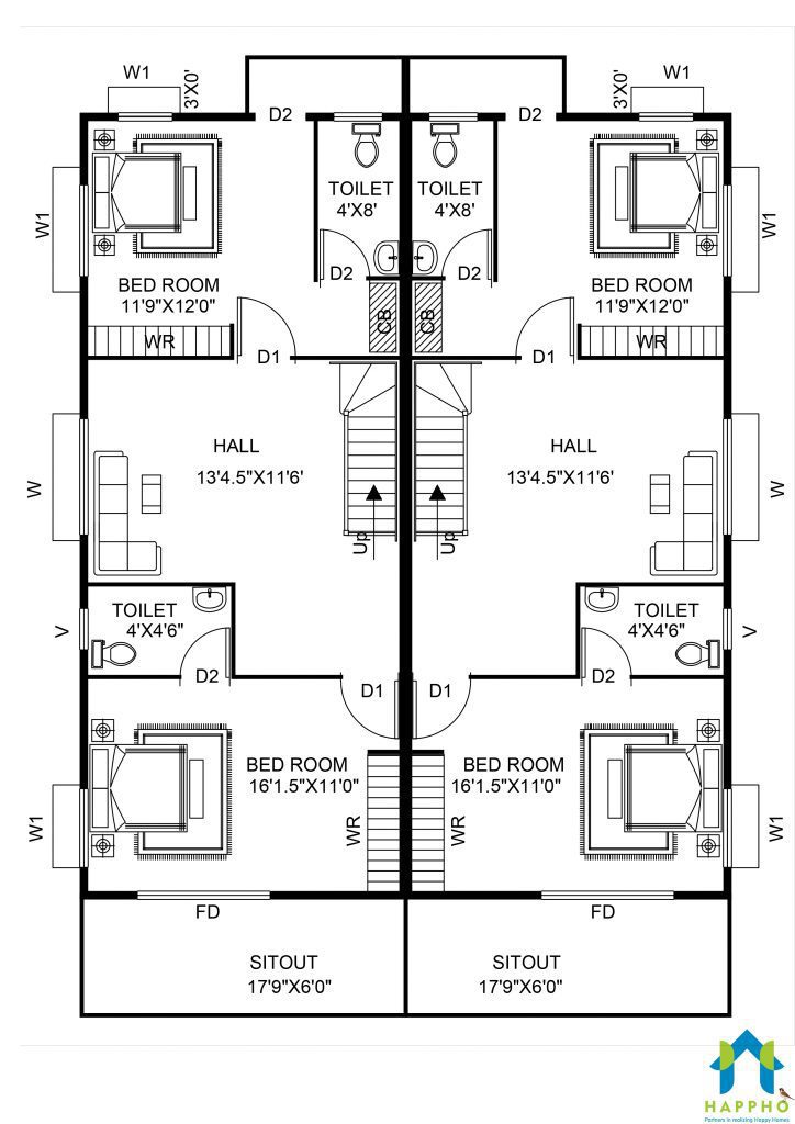 Construction Floor Plan for 32 X 44 Sqft House