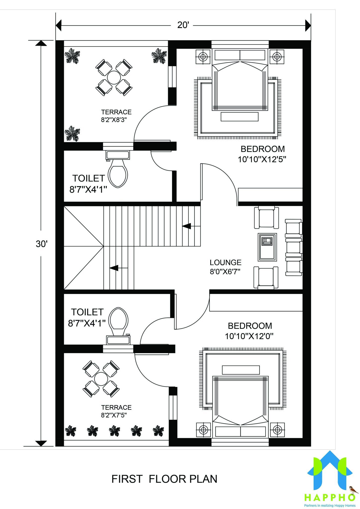 20 X 30 Duplex House Plan || 3-BHK Plan-002 - Happho
