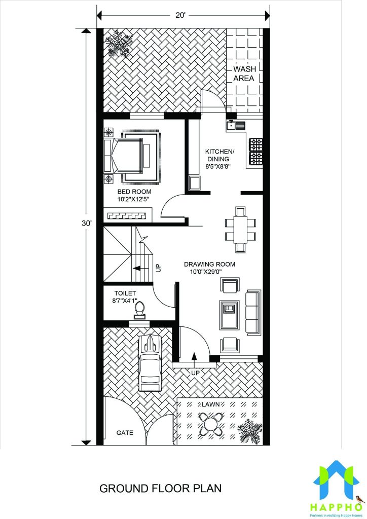 Floor Plan  for 20  X  30  Feet plot 3 BHK 600 Square Feet 