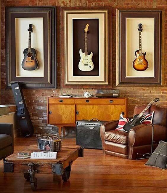 A bachelor pad decorate with guitars and sofas in living room