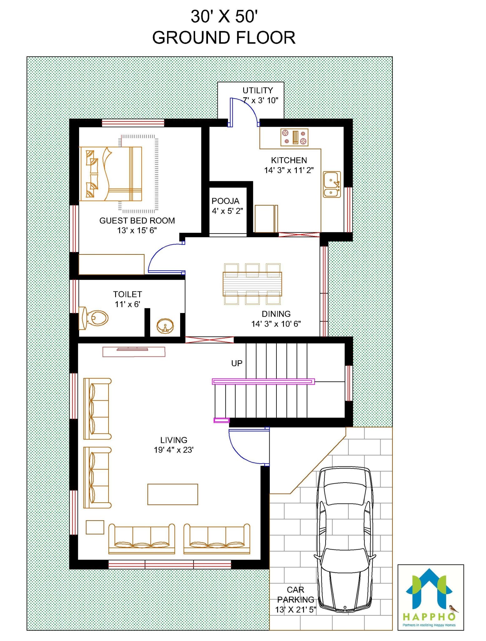30x50 Modern House Plan Design 3 Bhk