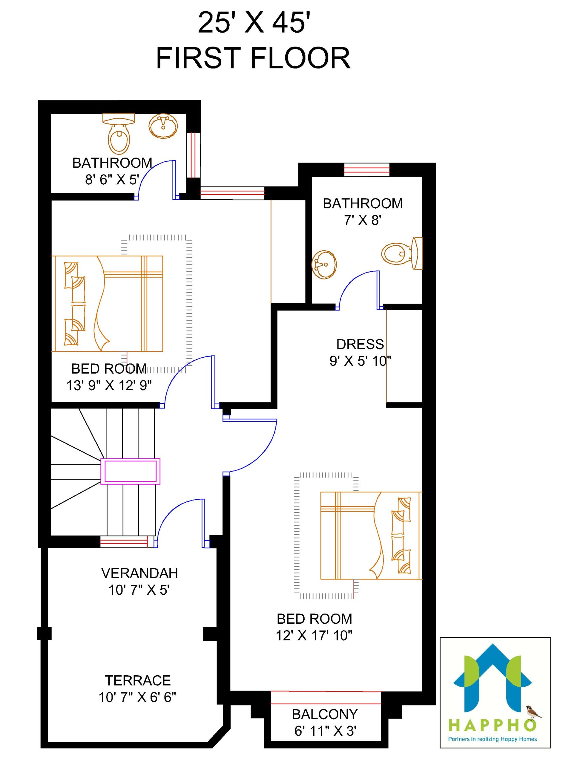 25x45 Duplex House Plan Design 3 Bhk Plan 017 Happho