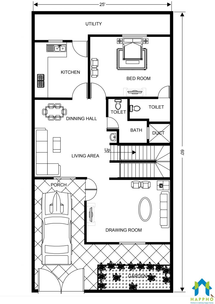 25X60 1BHK Vastu North Facing House Floor Plan-019 - Happho