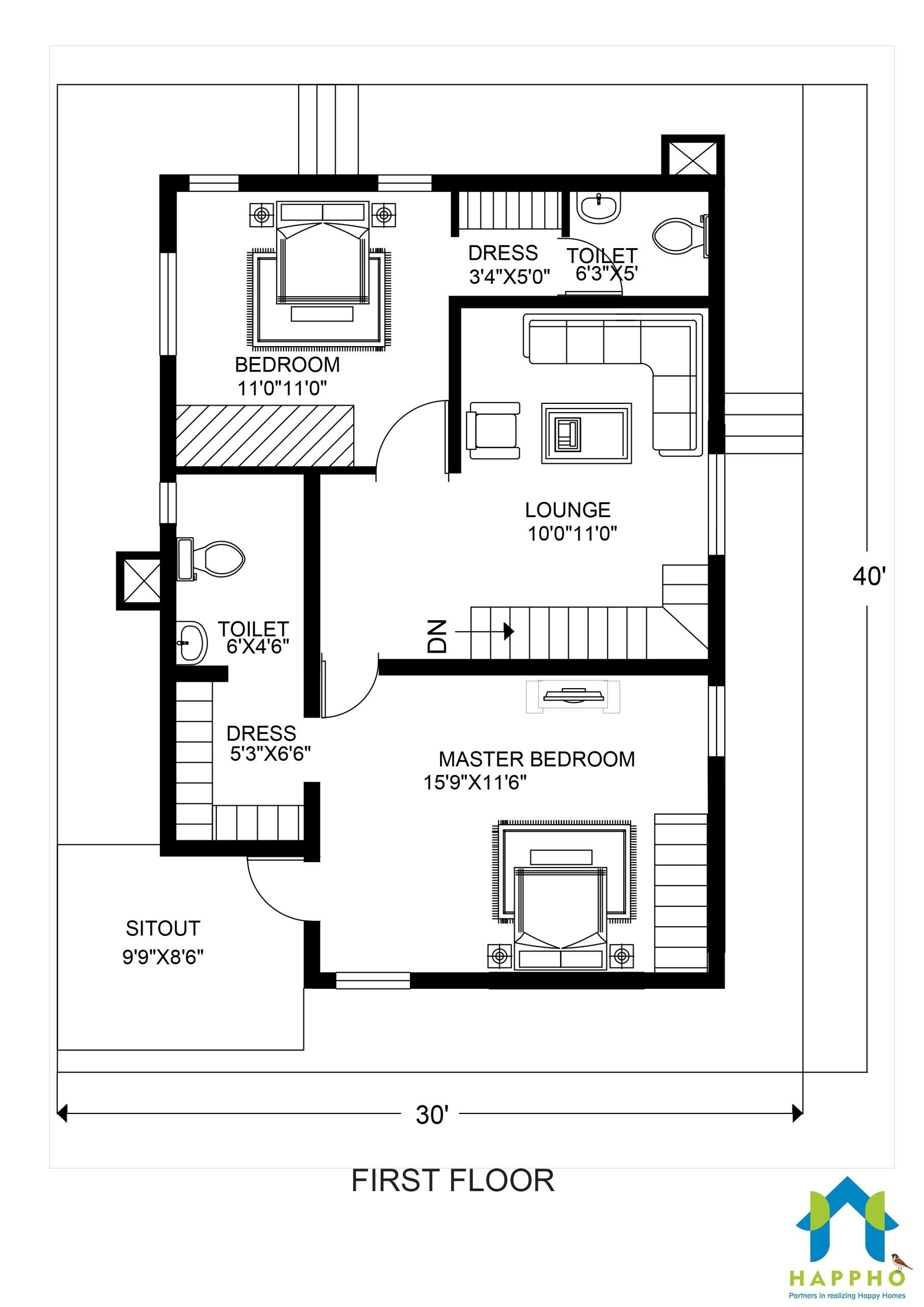 30 X 40 Duplex Floor Plan 3 Bhk