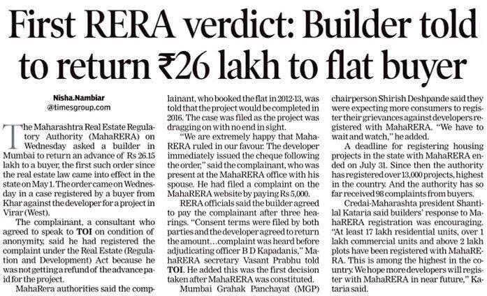 Rera Verdict on Flat buyers complaint