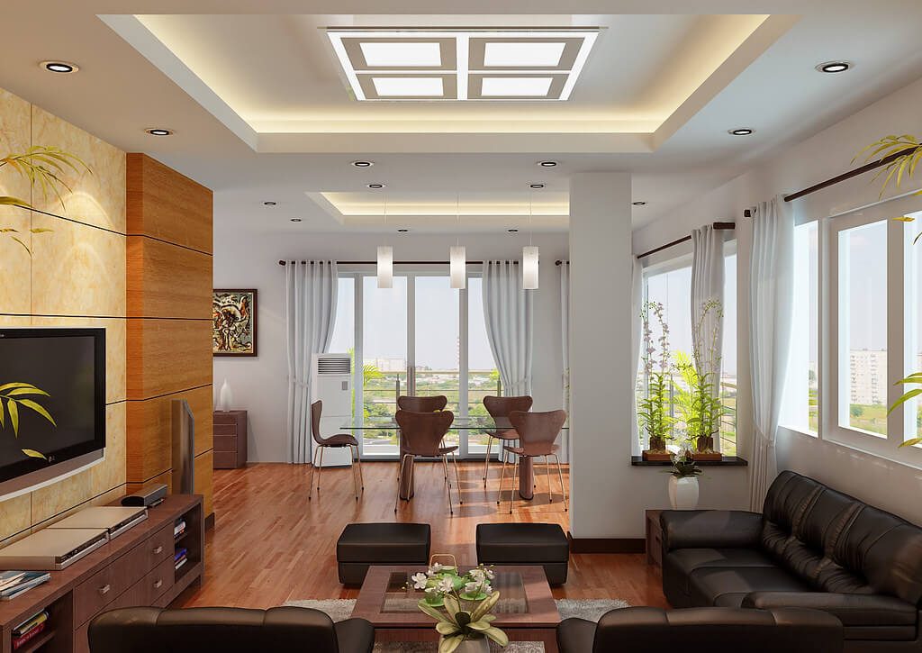 Living Room False Ceiling with cove lighting and Rectangular lighting in the center