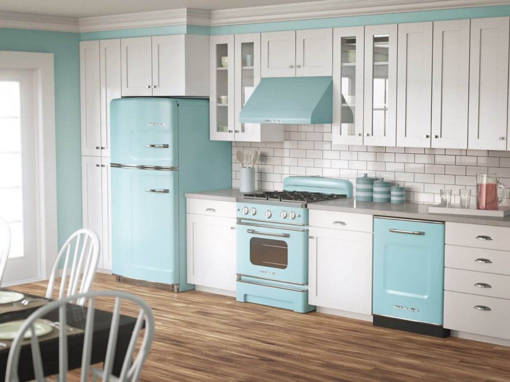 Kitchen appliances and shutters in pastel colors
