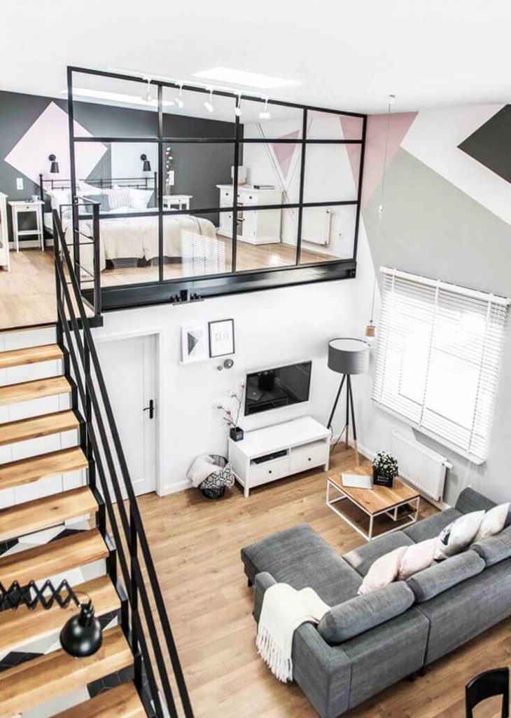 Contemporary Look of a Living Room with TV, Soda and a mezzanine