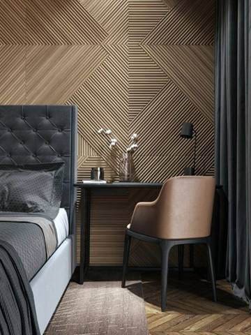 3d textured wall with wooden battons inside bedroom trend 2020