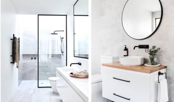 All white bathroom with black coloured fixtures