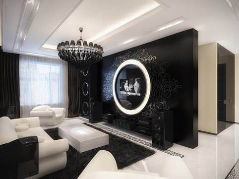 Black TV unit wall with a circular light trend 2020