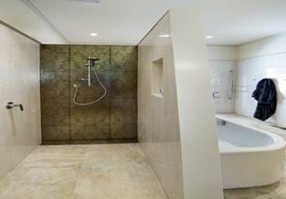 Dividing shower area and bathtub area in a bathroom with a solid wall partition