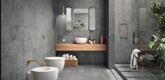 grey rustic look floor and wall tiling in bathrooms