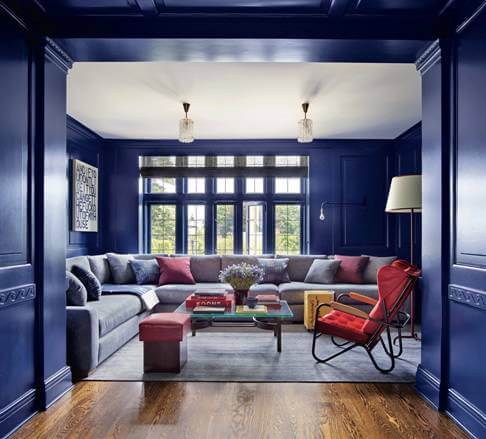 living room walls painted in classic blue and ceiling in white trend 2020