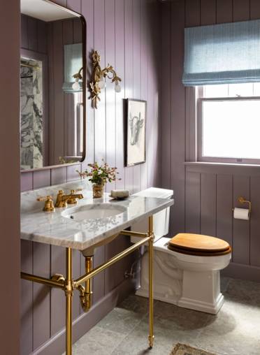 wooden and concrete tiles in your bathroom golden fixtures