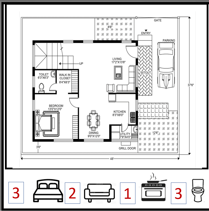 3 BHK house floor plan